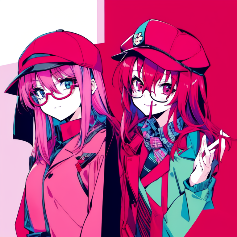 Two cartoon girls with blue hair and red hats