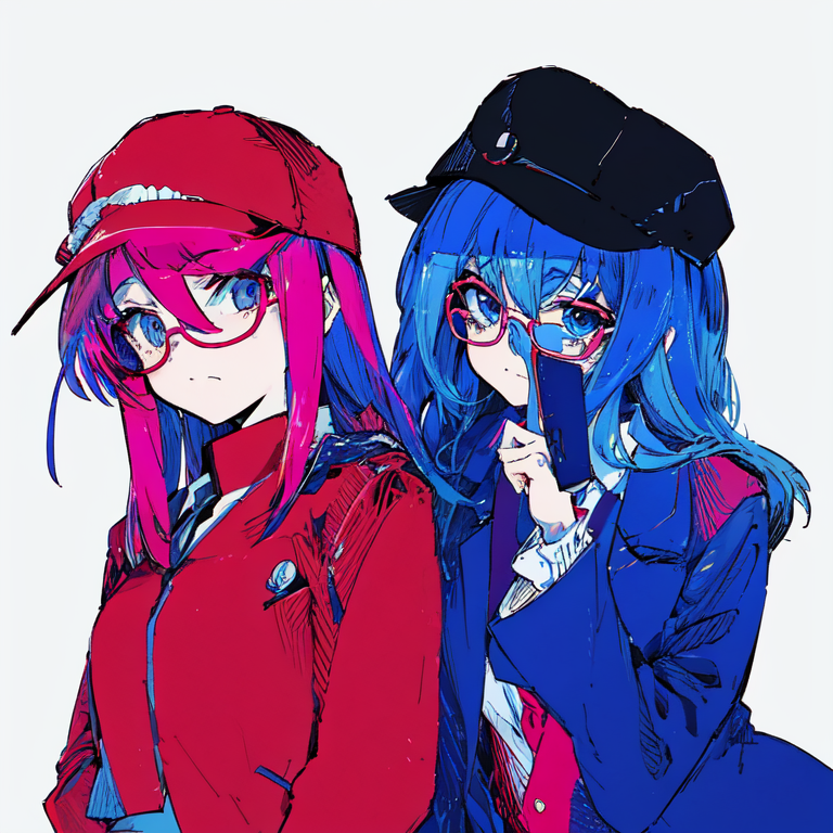 Two anime girls with pink hair and red hats