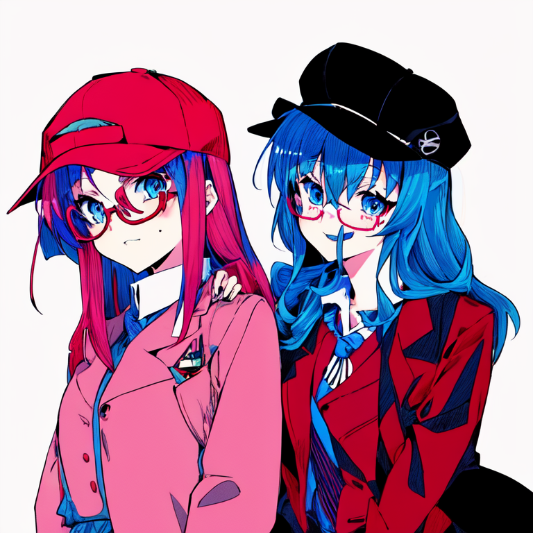 Two cartoon girls with blue hair and red hats