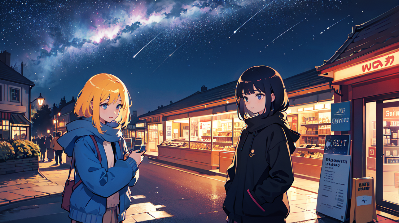 A couple of girls standing in front of a store