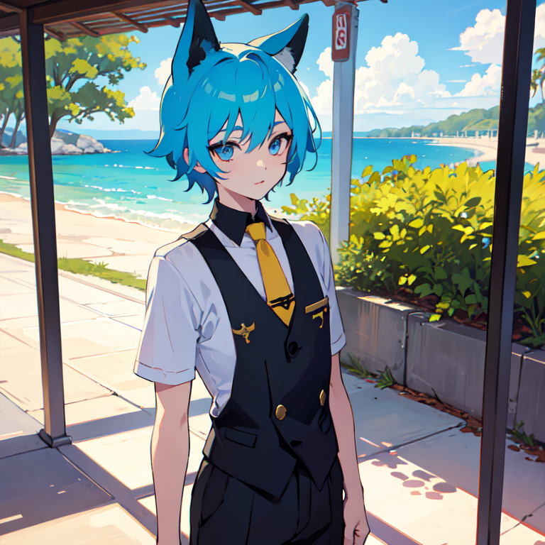 A cartoon character with blue hair and cat ears