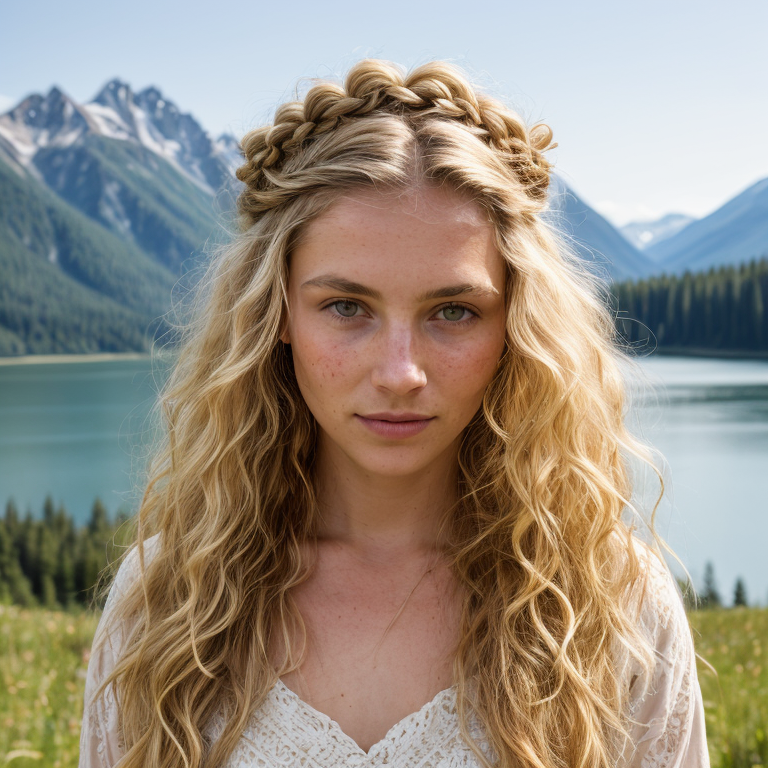 A person with long blonde hair in front of a lake