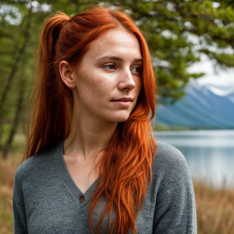 A person with red hair and ponytails standing in front of a lake