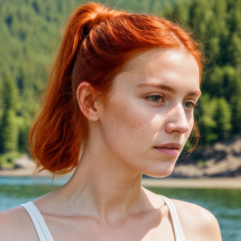 A person with red hair in front of water