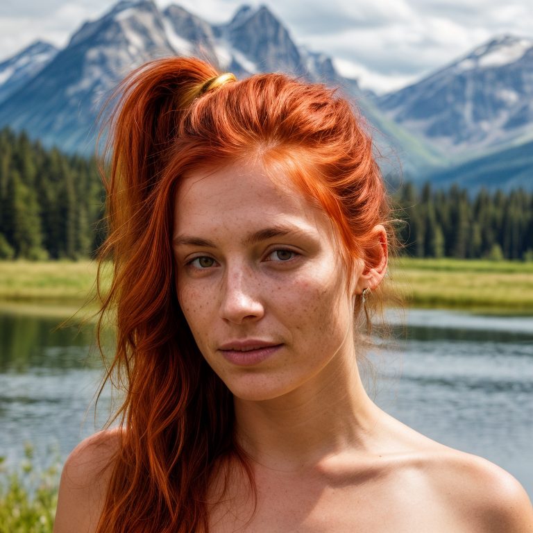 A person with red hair and a lake in front of mountains