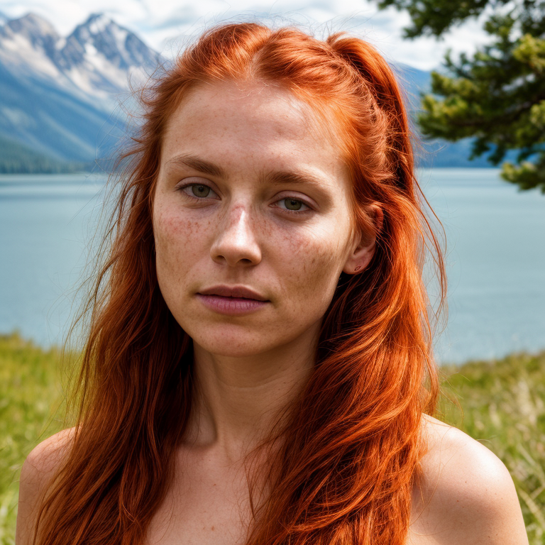 A person with red hair and a lake in the background