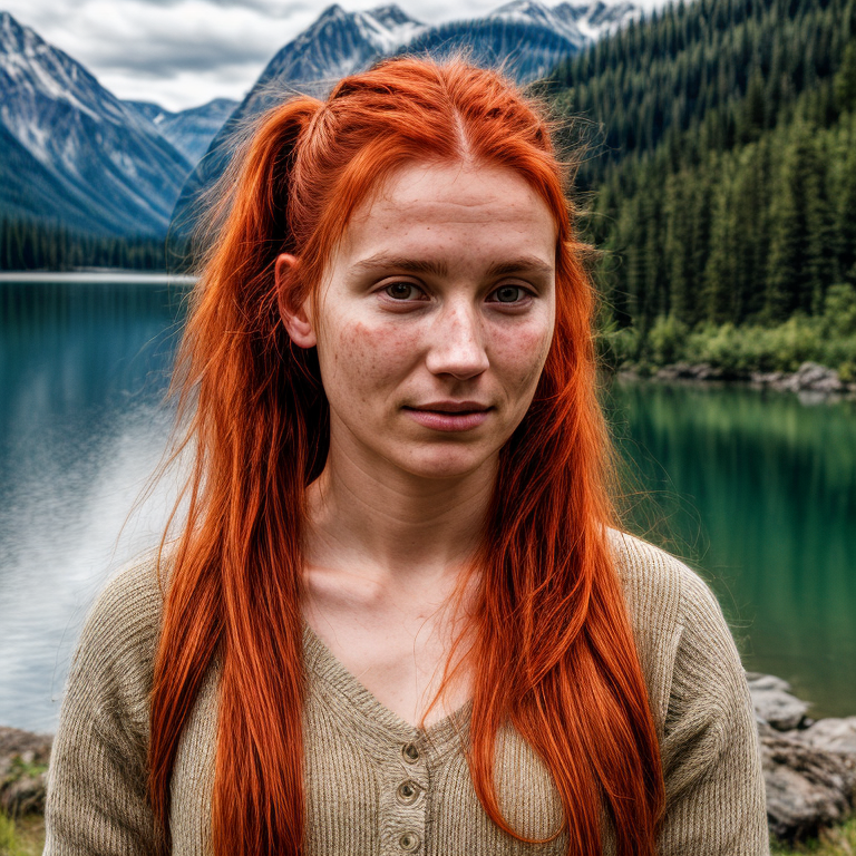 A person with red hair and a lake in front of mountains