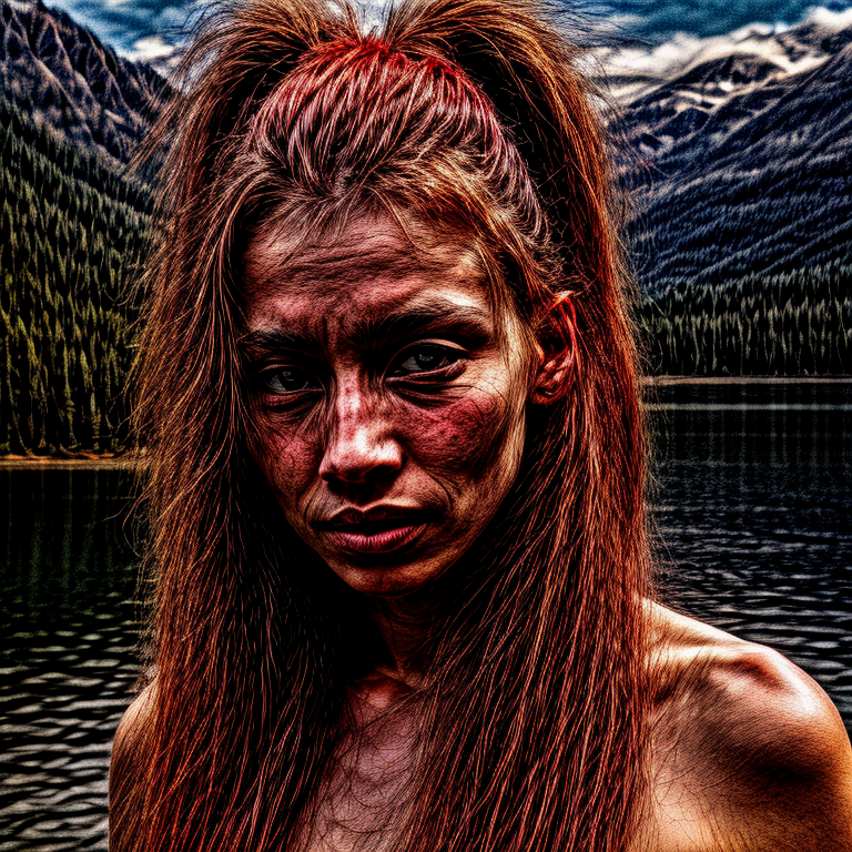 A person with red hair and a ponytail in front of a lake