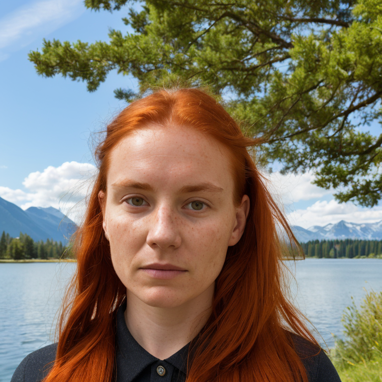 A person with red hair standing in front of a lake