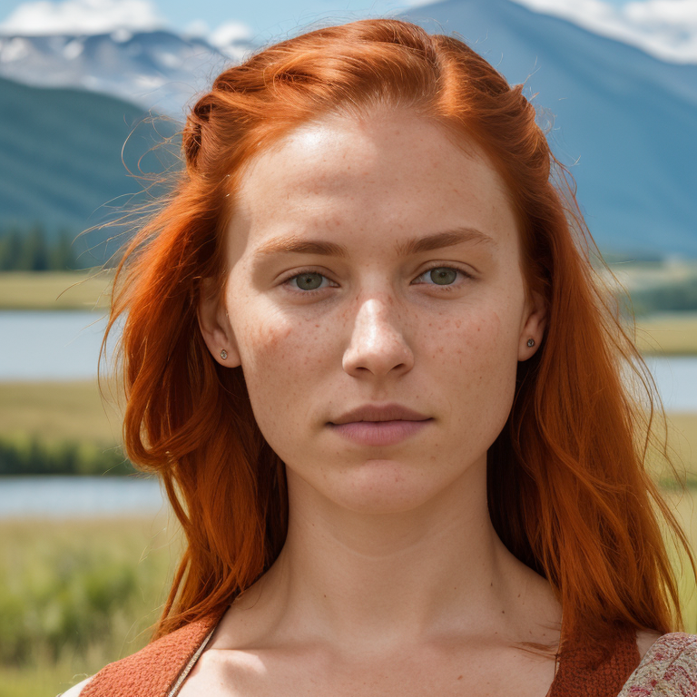 A person with red hair and freckles in a field