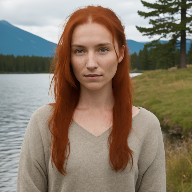 A person with red hair standing in front of a lake