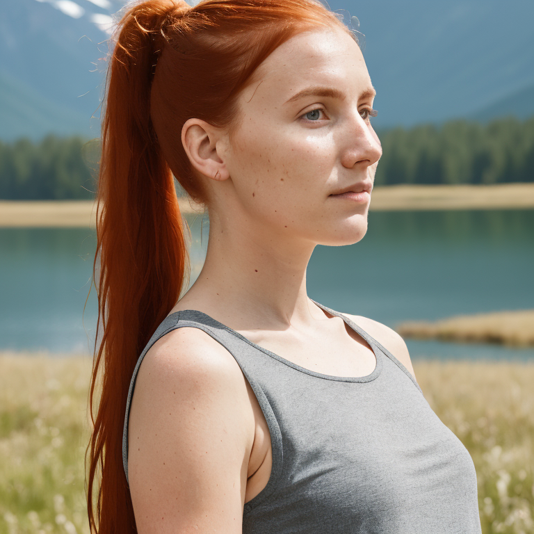 A person with red hair standing in front of a lake