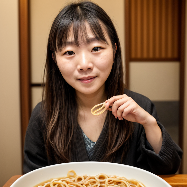 A person holding a rubber band in front of a bowl of noodles