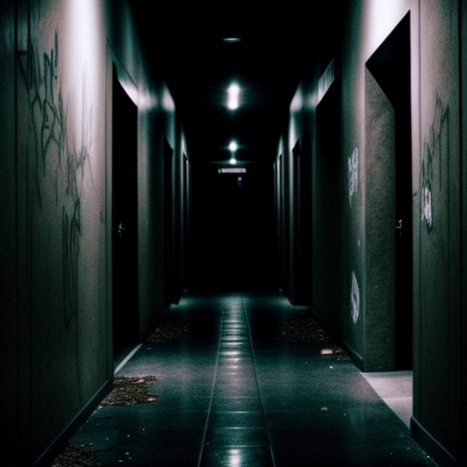 A dark hallway with many doors