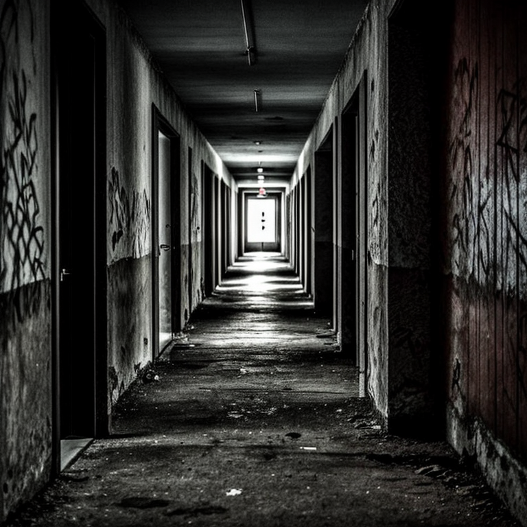 A dark hallway with a light shining through