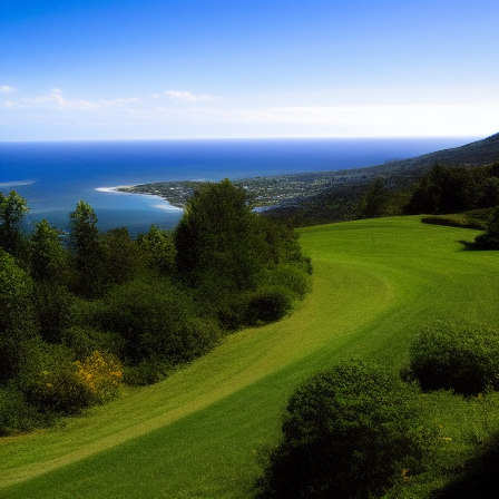 A golf course with a body of water in the background