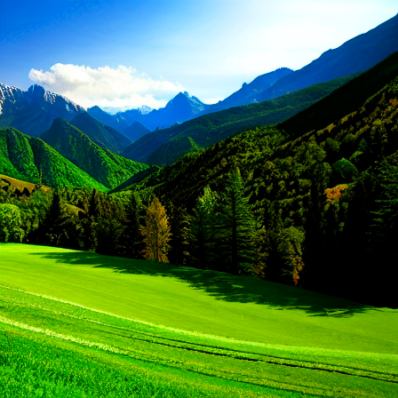 A green field with trees and mountains in the background