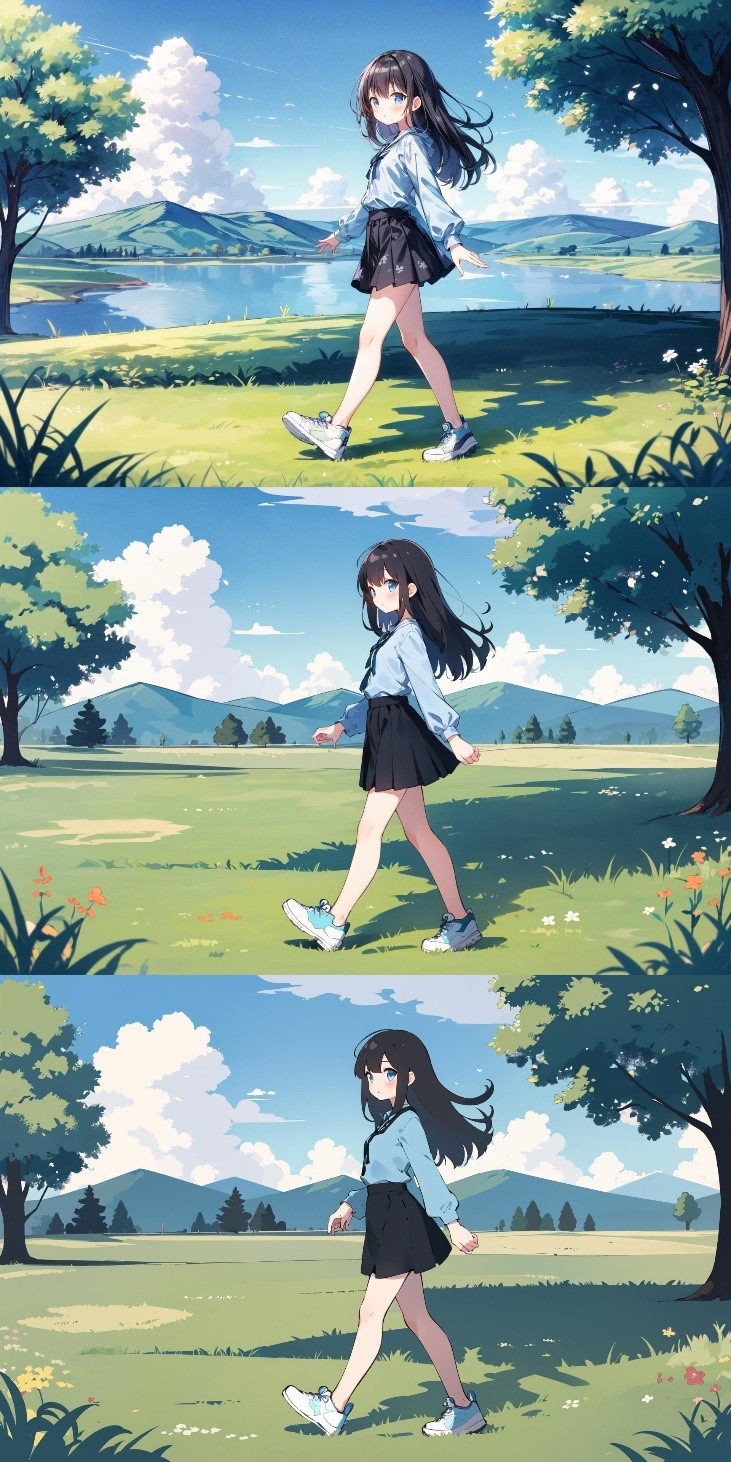 A collage of a cartoon child walking in a field